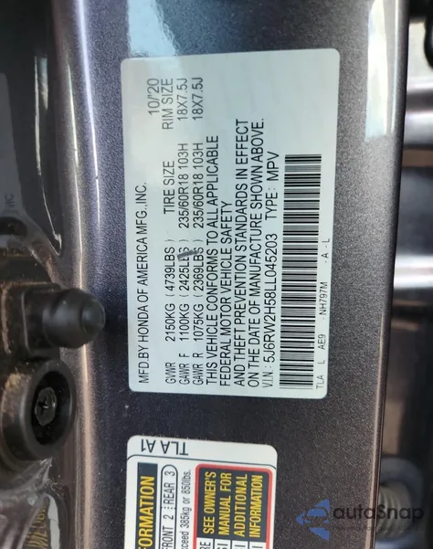 2020 Honda Cr-V Ex из США, поврежденный, VIN 5J6RW2H58LL045203